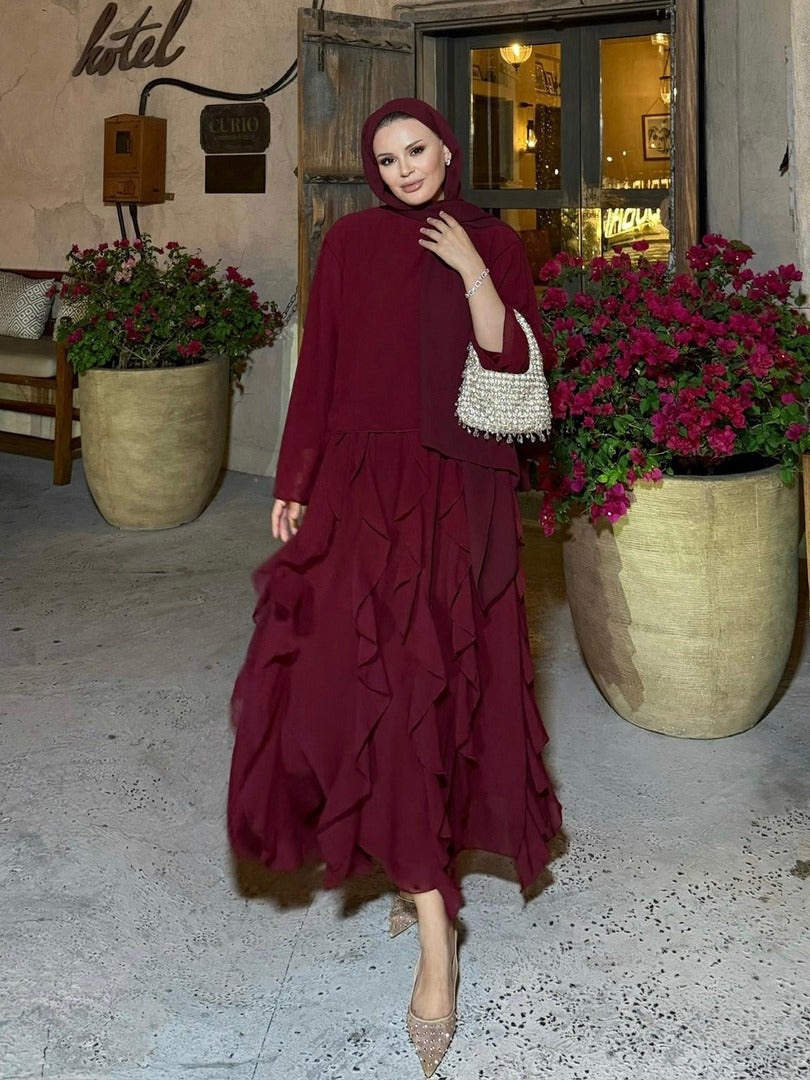 Burgundy Ruffle-Detail Chiffon Blouse and Skirt Set- PRE ORDER
