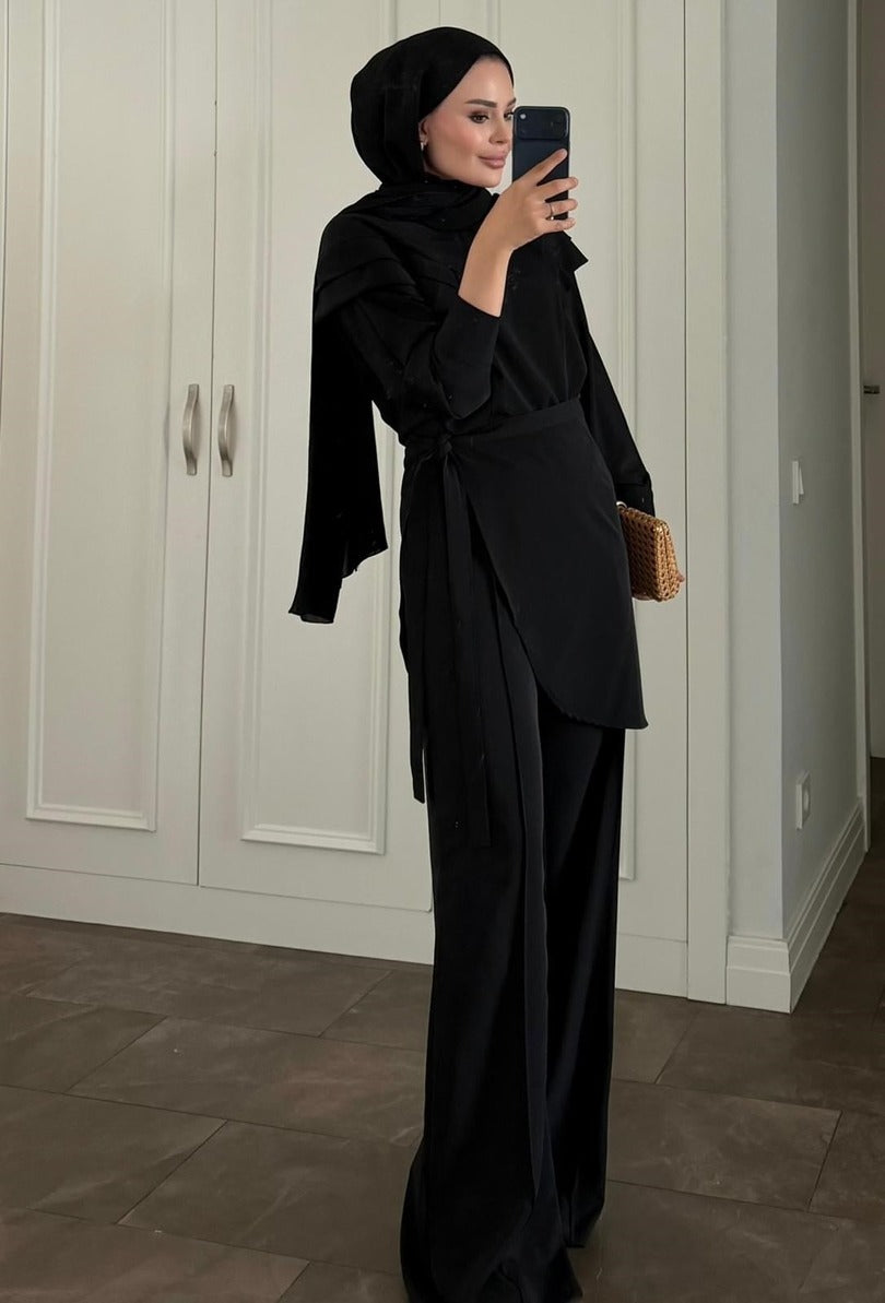 Black Ruffle-Shoulder Blouse & Wide-Leg Trouser Co-ord Set