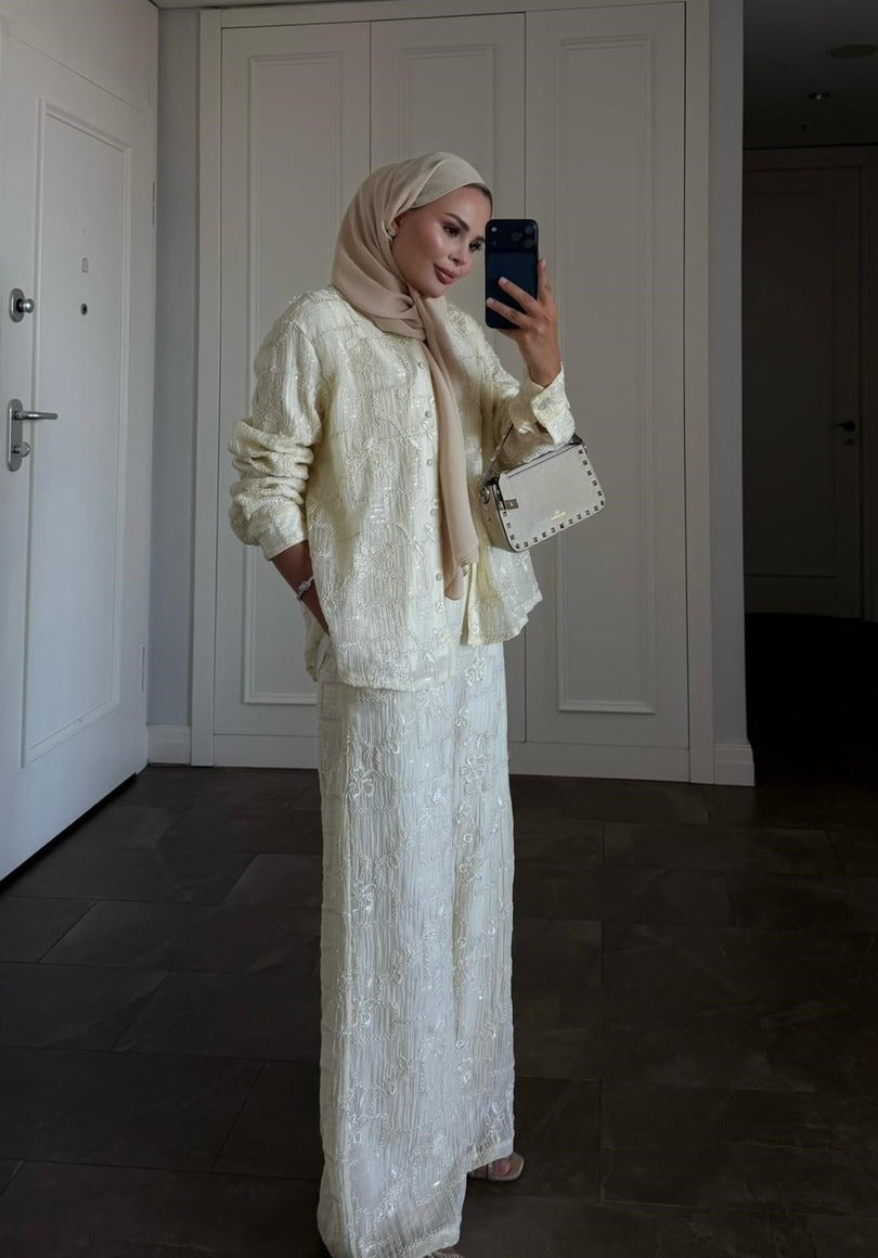 Lilly Modest Trousers Matching Set | Premium Tunic Co-Ord Suit - Beige