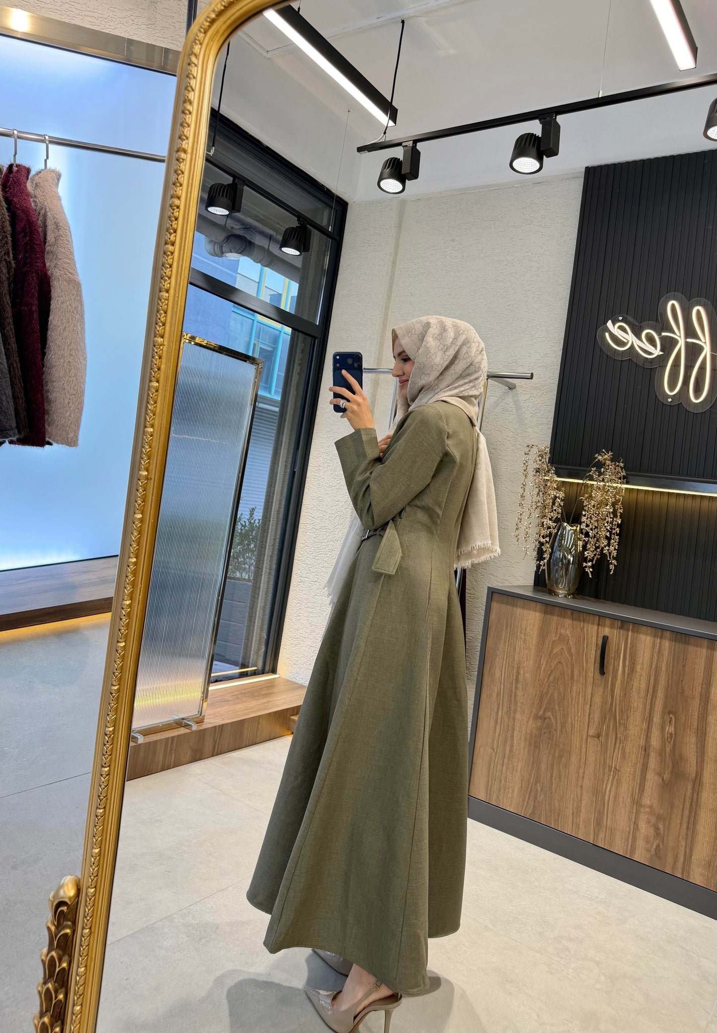 Asymmetric Khaki Maxi Dress with Adjustable Waist Belt