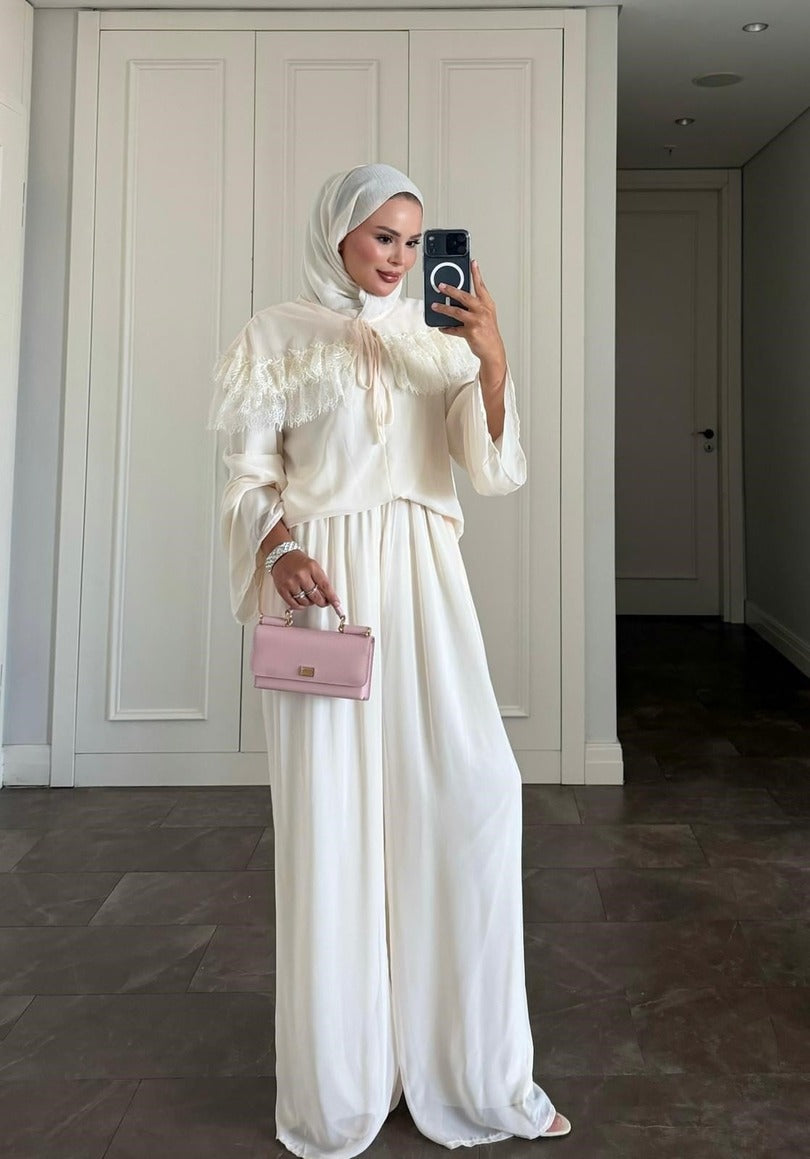 Ivana Cream Mütevazı Pantolon Takımı - Astarlı İki Parçalı Tunik ve Pantolon Kombini