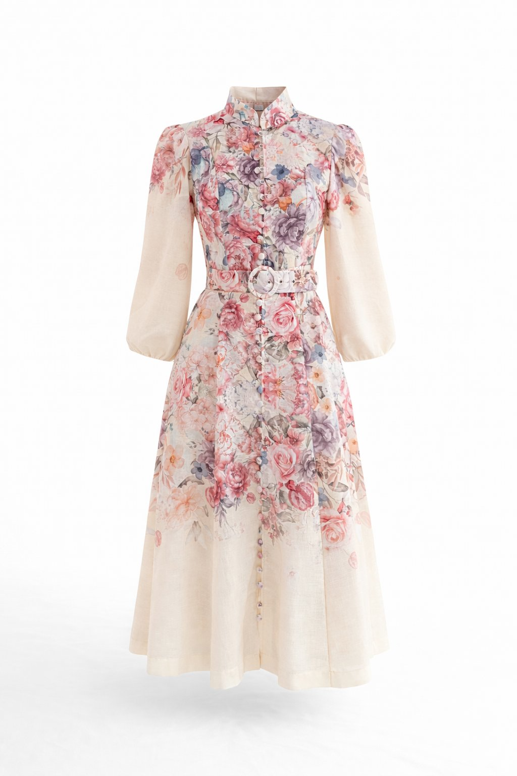 Digital Rose Print Linen-Look Maxi Dress with Puff Sleeves & Belted Waist