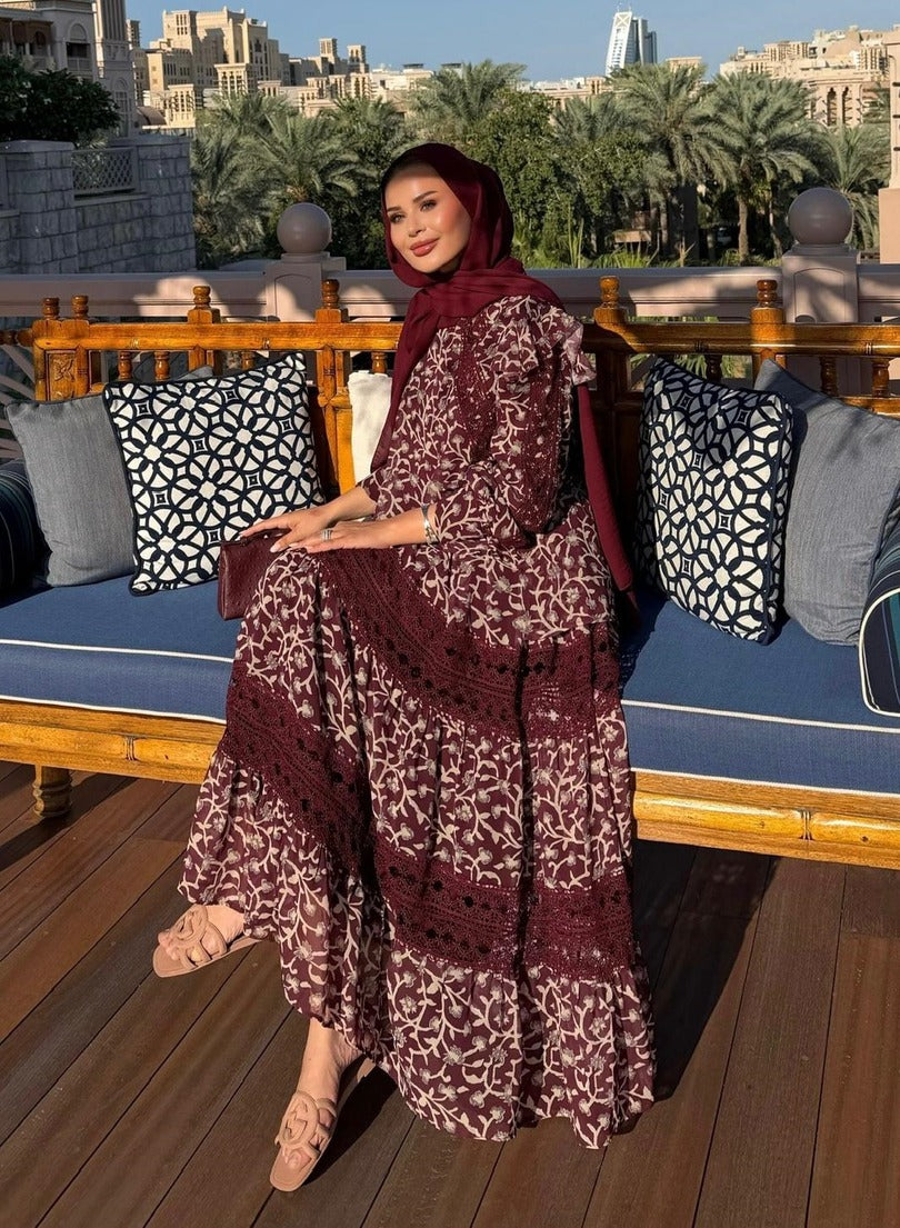 Floral Print Lace-Trim Tiered Maxi Co-ord Set - Burgundy - PRE ORDER