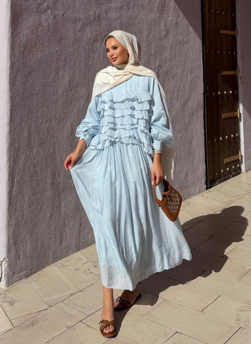 Tiered Ruffle Blouse & Pleated Maxi Skirt Co-ord Set - Blue- PRE ORDER