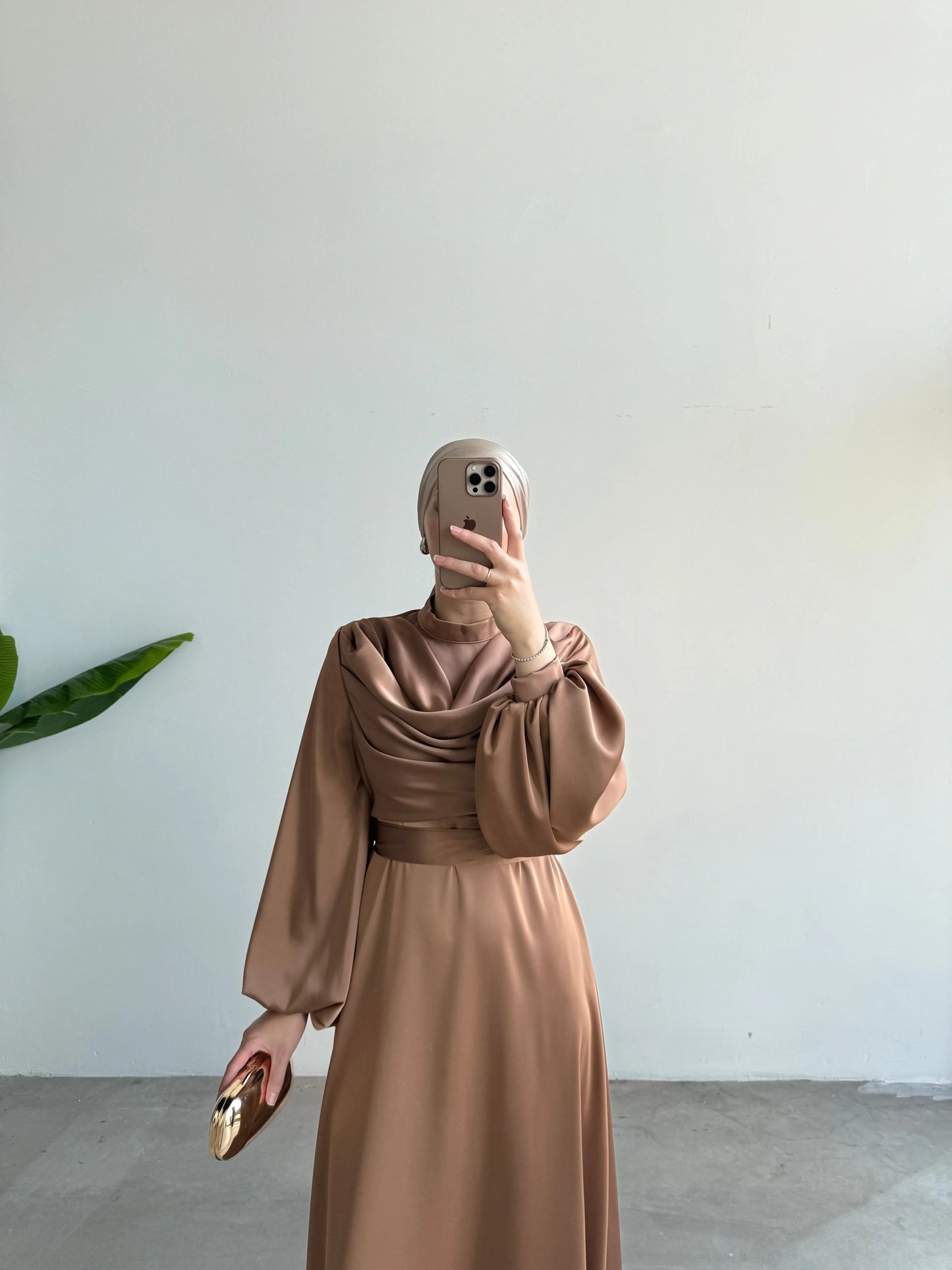 Silky Satin Cowl Neck Bronze Maxi Evening Dress