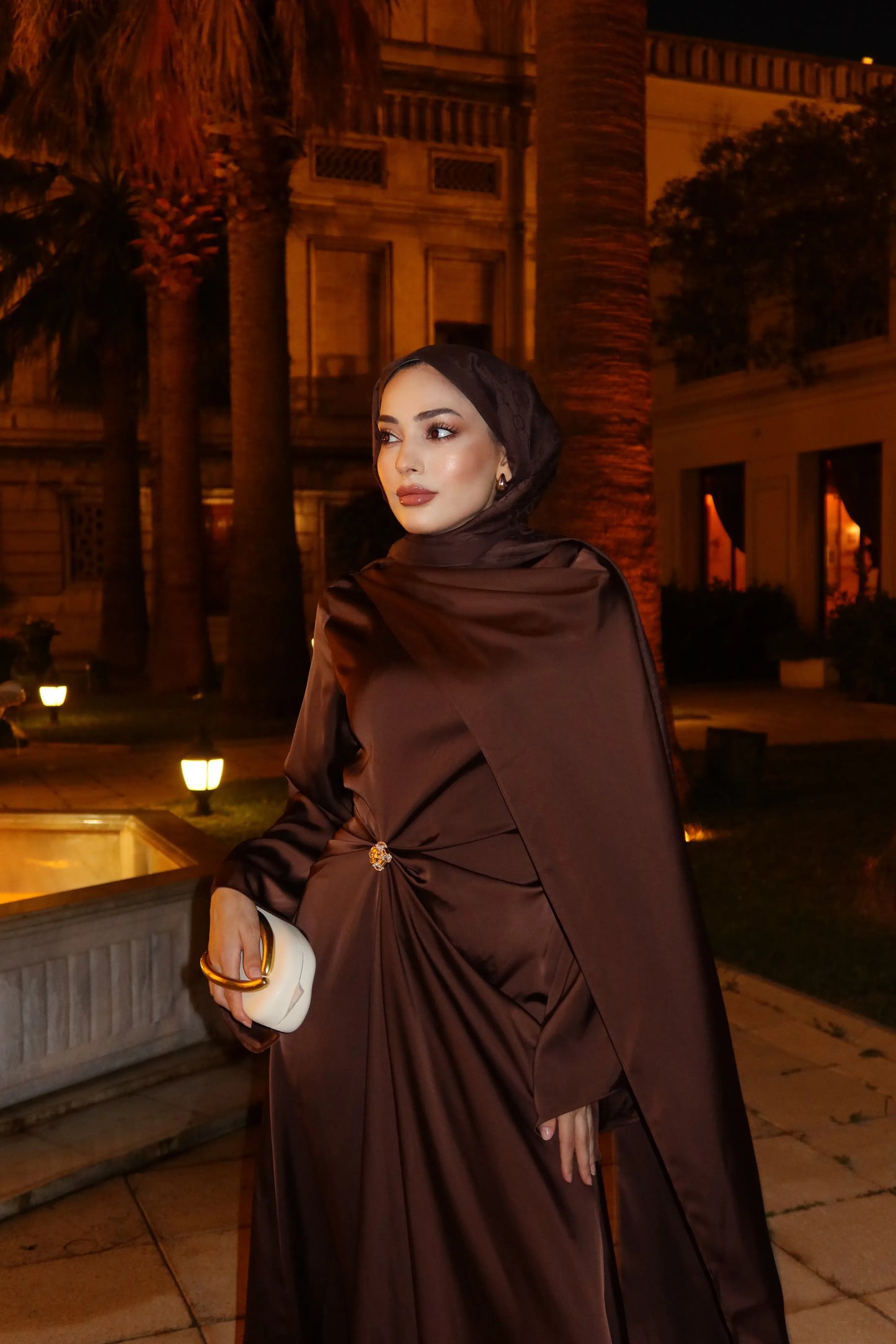 Brooch Detailed Silky Satin Coffee Evening Dress