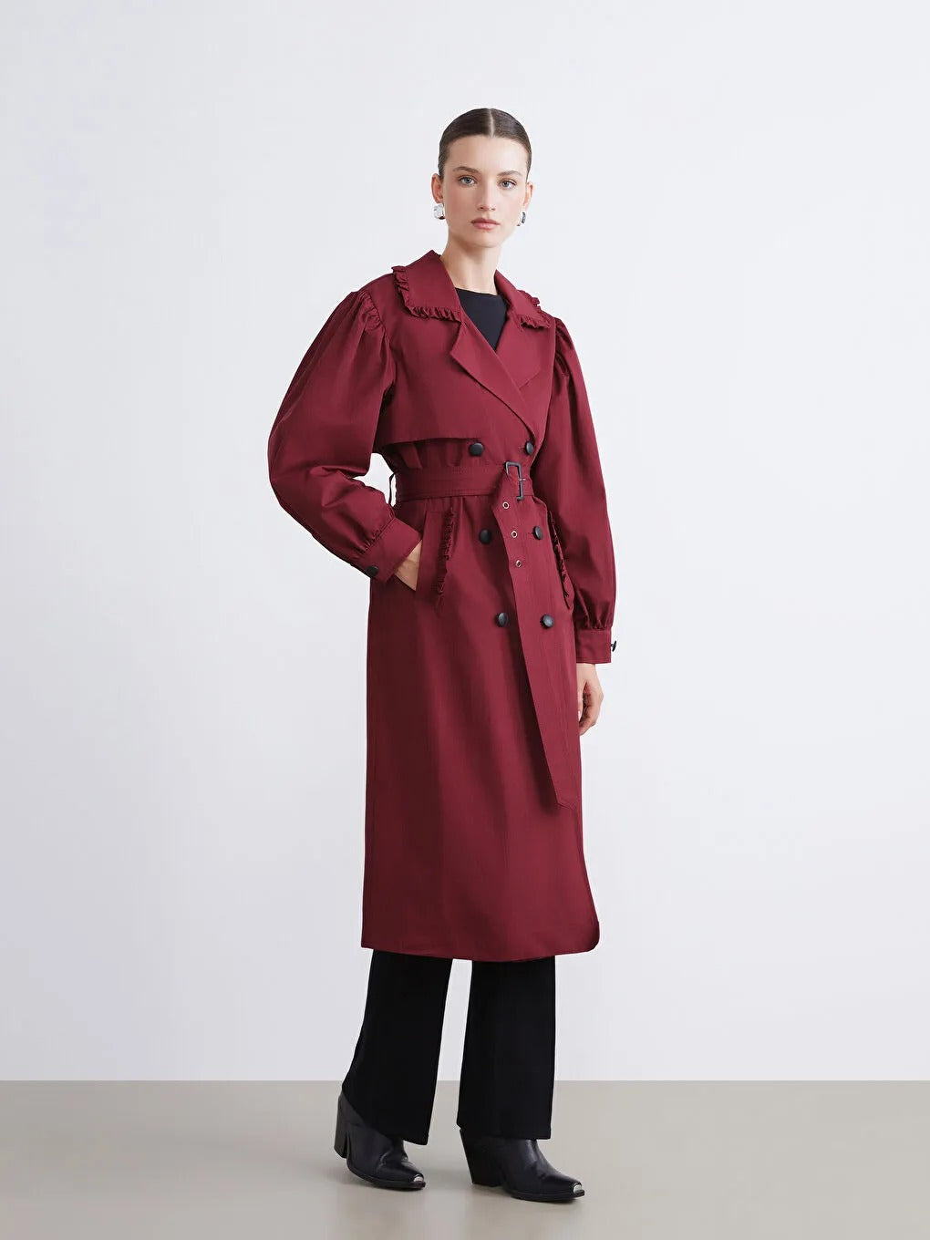 Burgundy Double-Breasted Women's Trench Coat