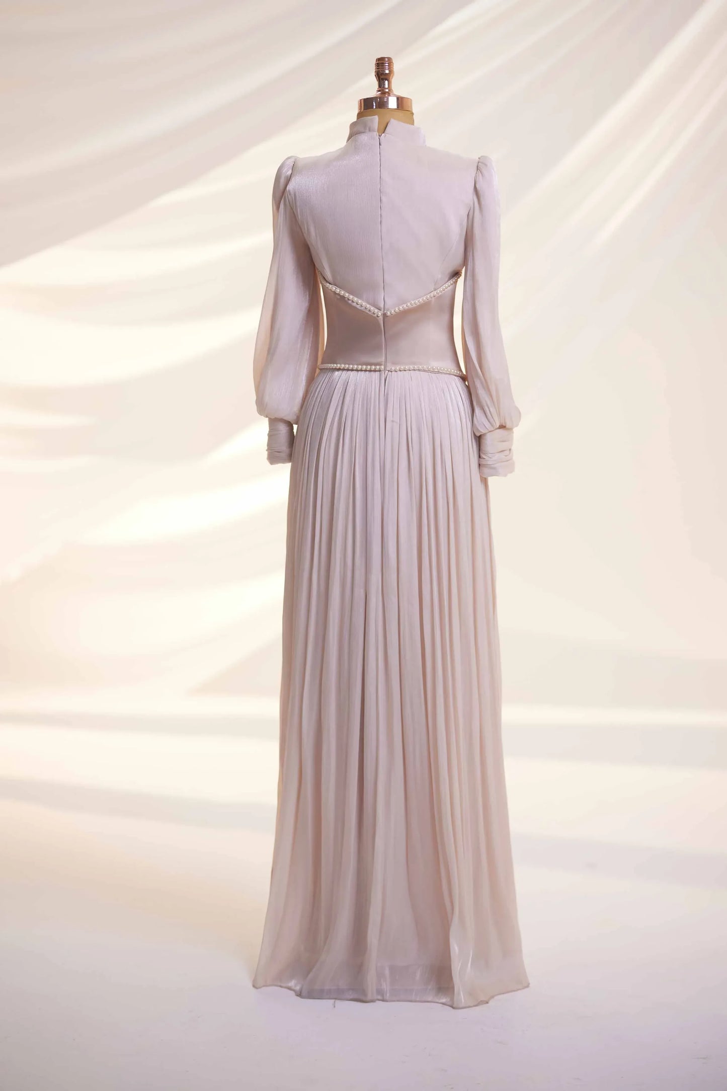 Powder Pink Organza Pearl Detail Modest Evening Dress
