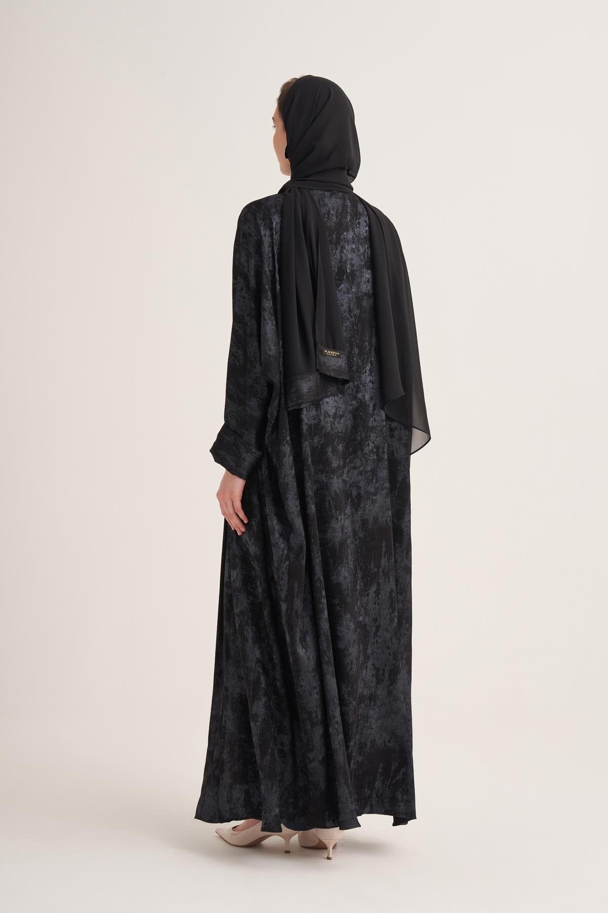 Gold-Textured Open Abaya in Navy Blue with Matching Scarf