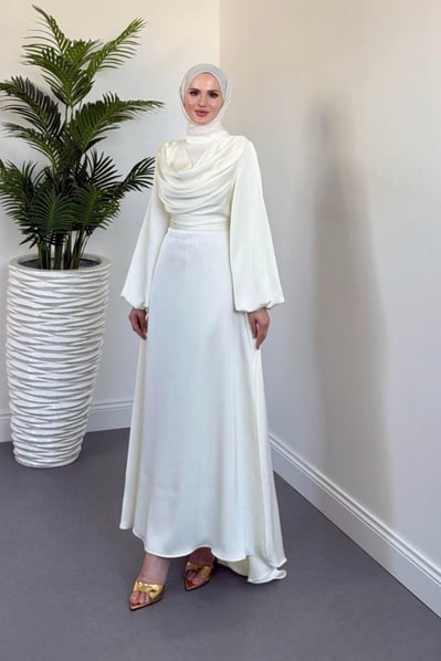 Silky Satin Cowl Neck Ecru Maxi Evening Dress