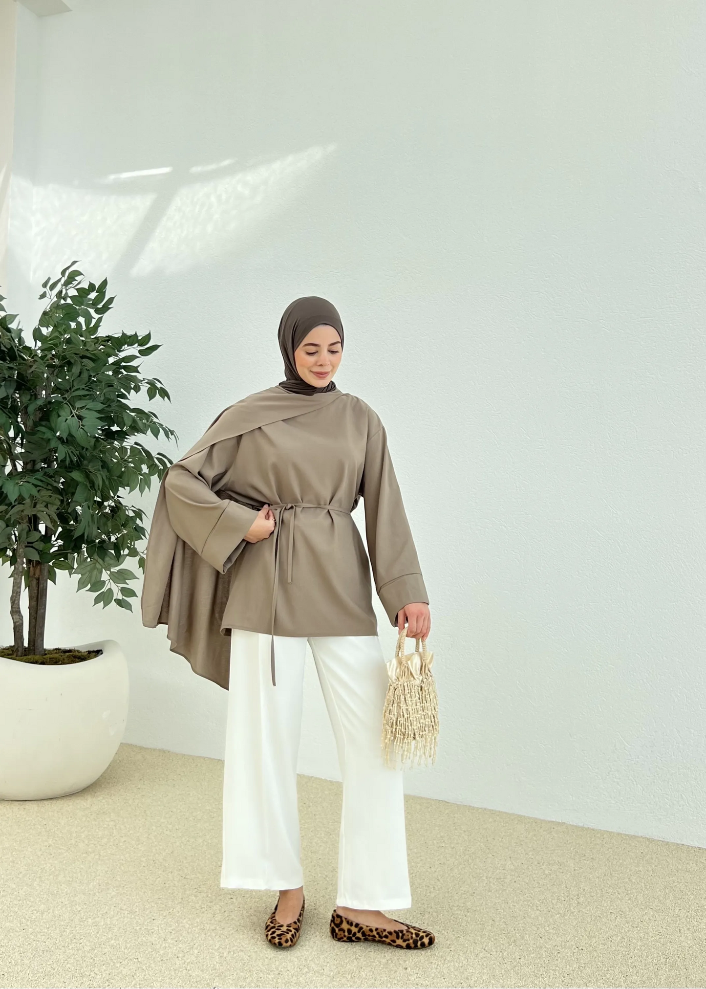 Chic Brown Tunic with Shawl Neckline