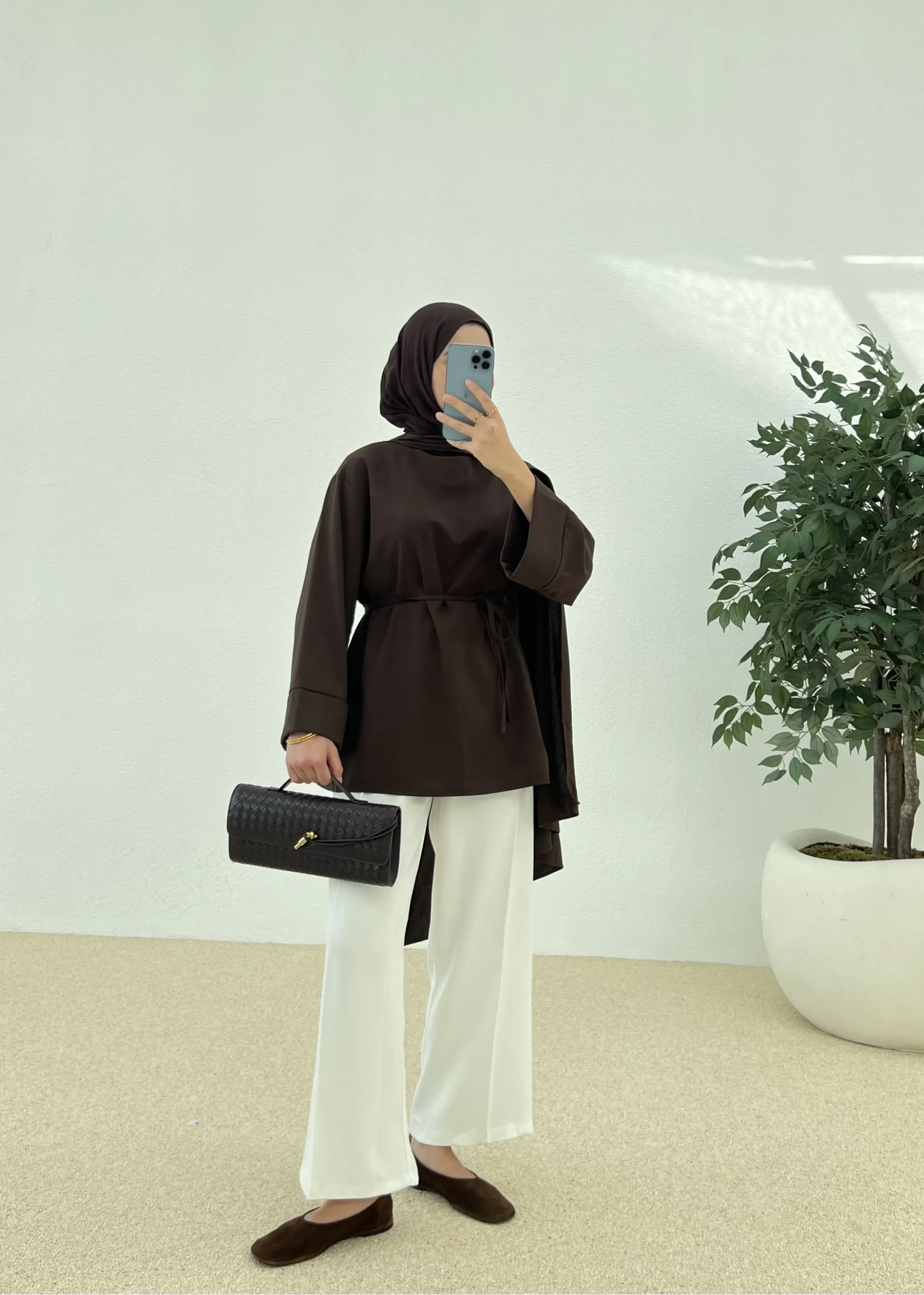 Chic Brown Tunic with Shawl Neckline
