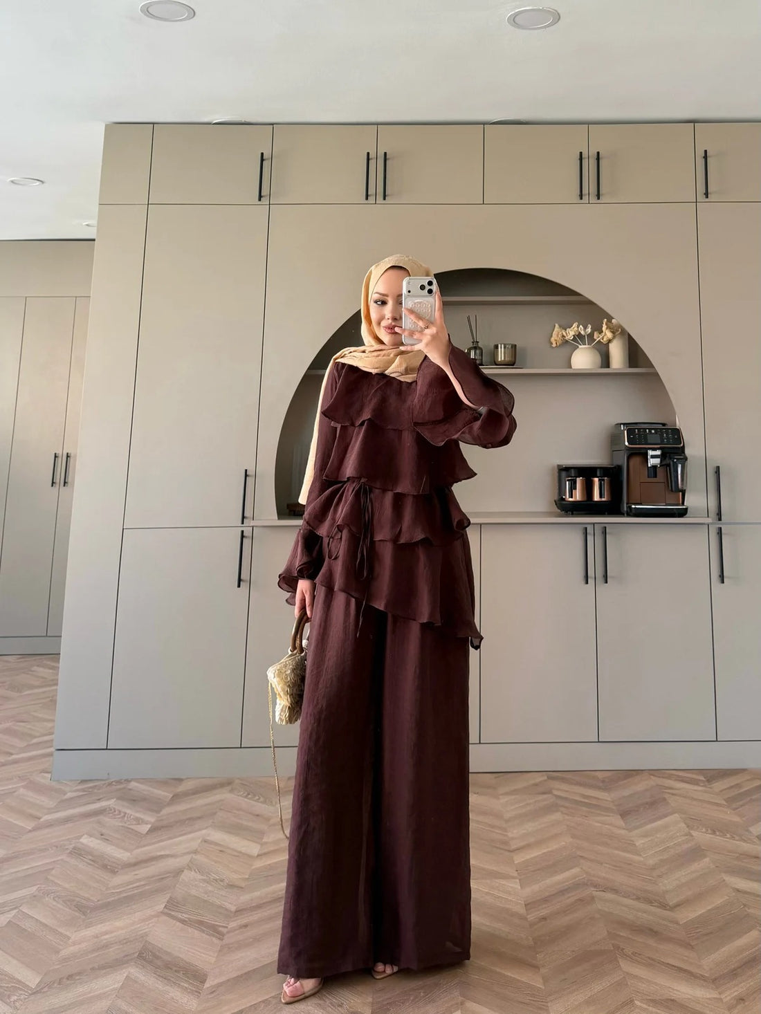 Tiered Tulle Trouser Set in Brown