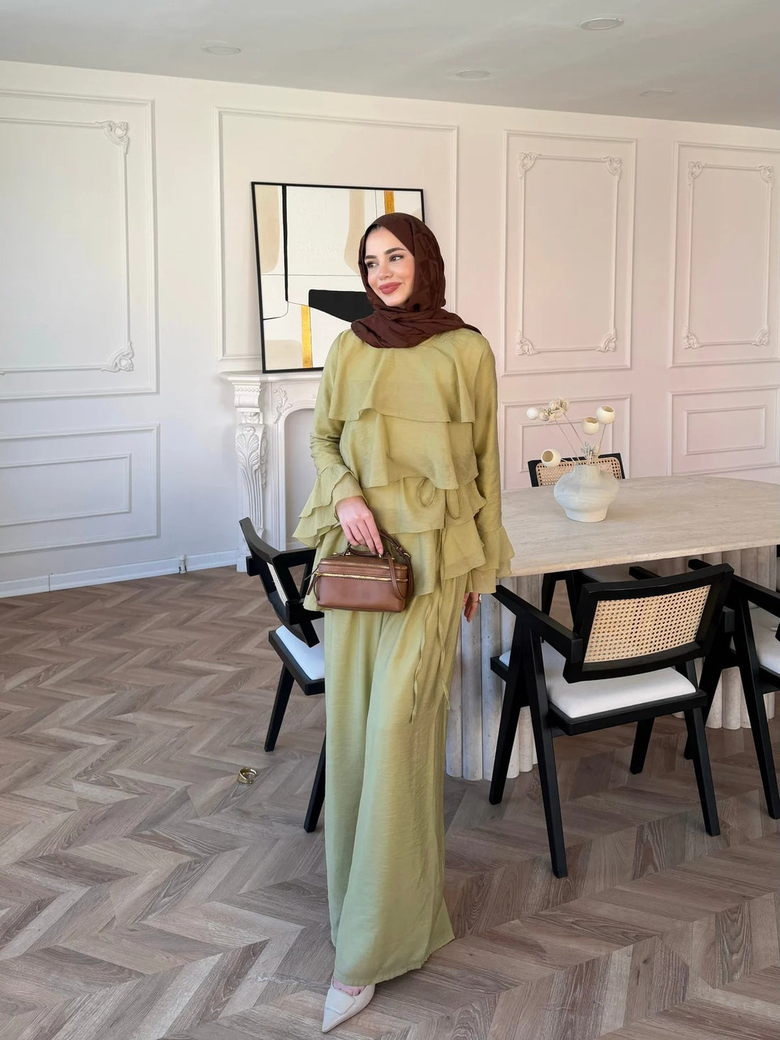 Tiered Tulle Trouser Set in Oil Green