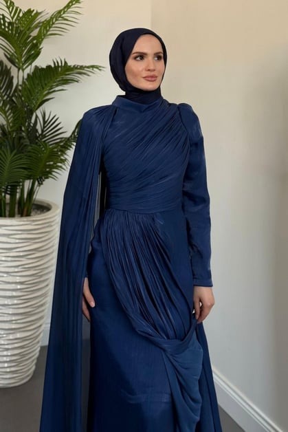 Navy Blue One Shoulder Draped Evening Dress with Cape Detail
