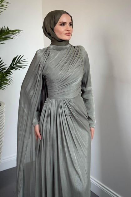 Sage Green One Shoulder Draped Evening Dress with Cape Detail