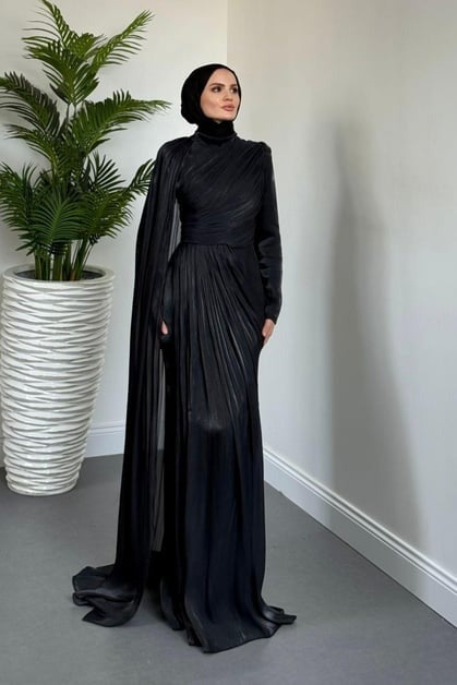 Black One Shoulder Draped Evening Dress with Cape Detail