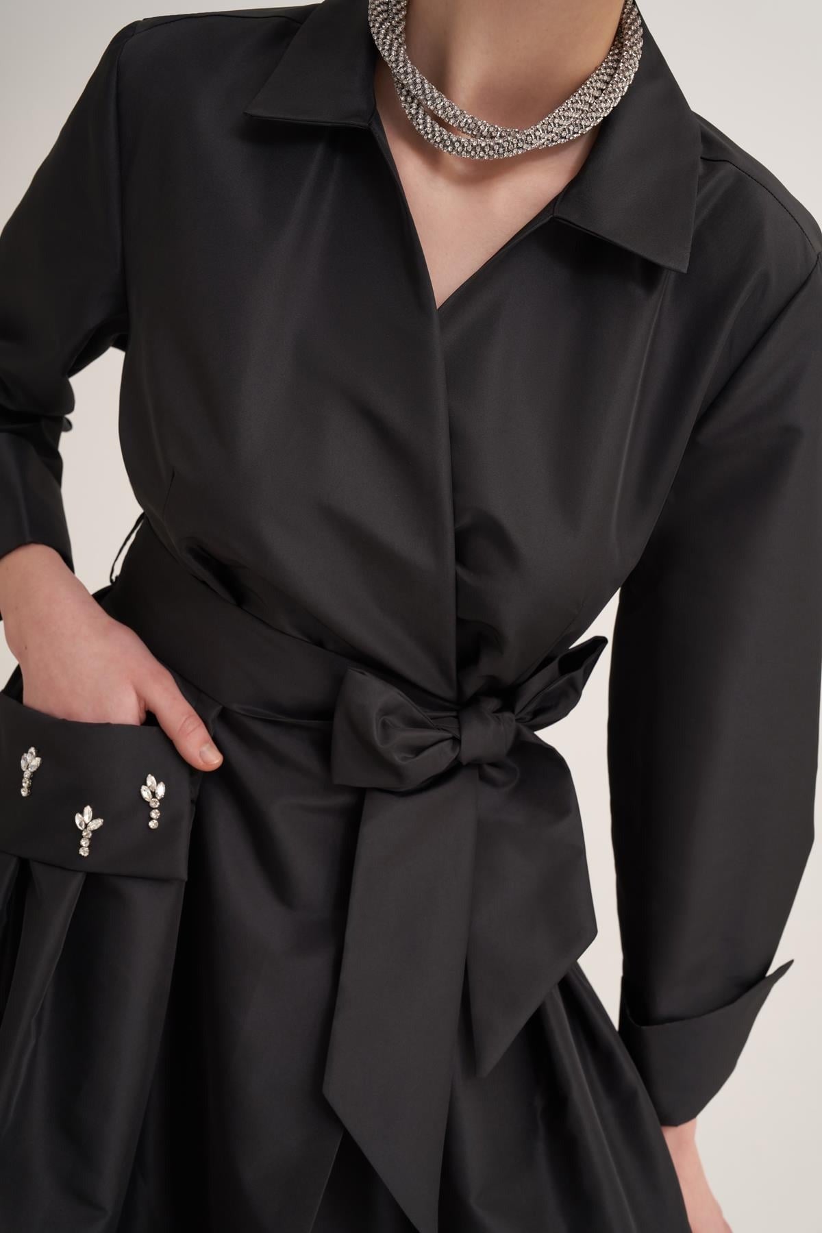 Black Satin Wrap Abaya with Handmade Embellished Crystal Pocket Detail