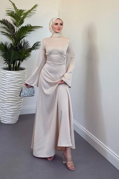 Elegant Cream Satin Modest Evening Dress with Baguette Stone Waist Detail