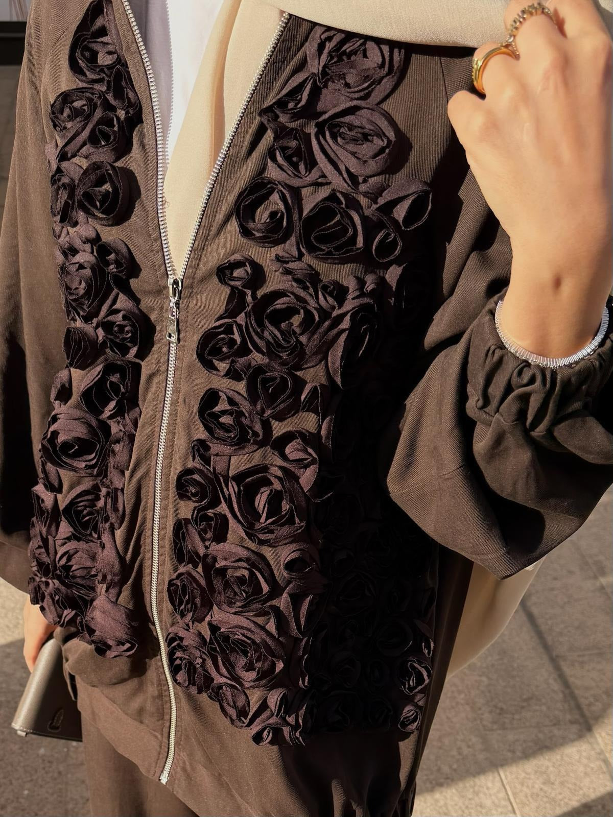 Rose Embellished Pants Set – Brown