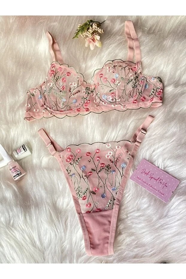 Florya Broderie Lace Bra Set | Underwired Bralette & Thong | Pink