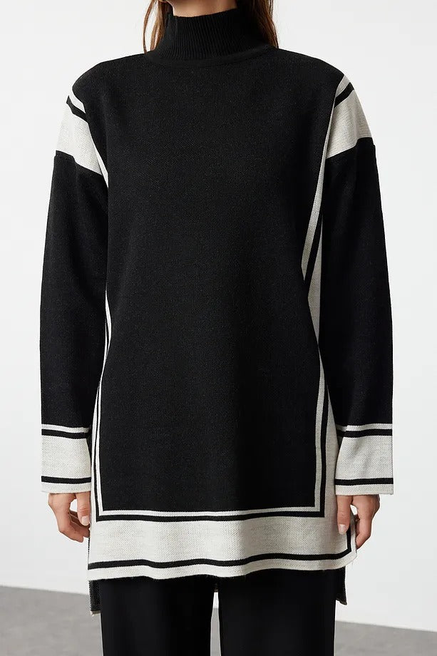Black Relaxed-Fit Striped Knit Tunic & Pants Two-Piece Set