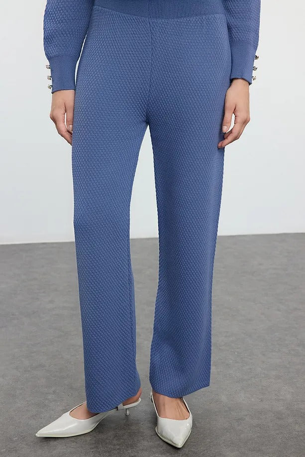 Indigo Pearl-Button Knit Two-Piece Set