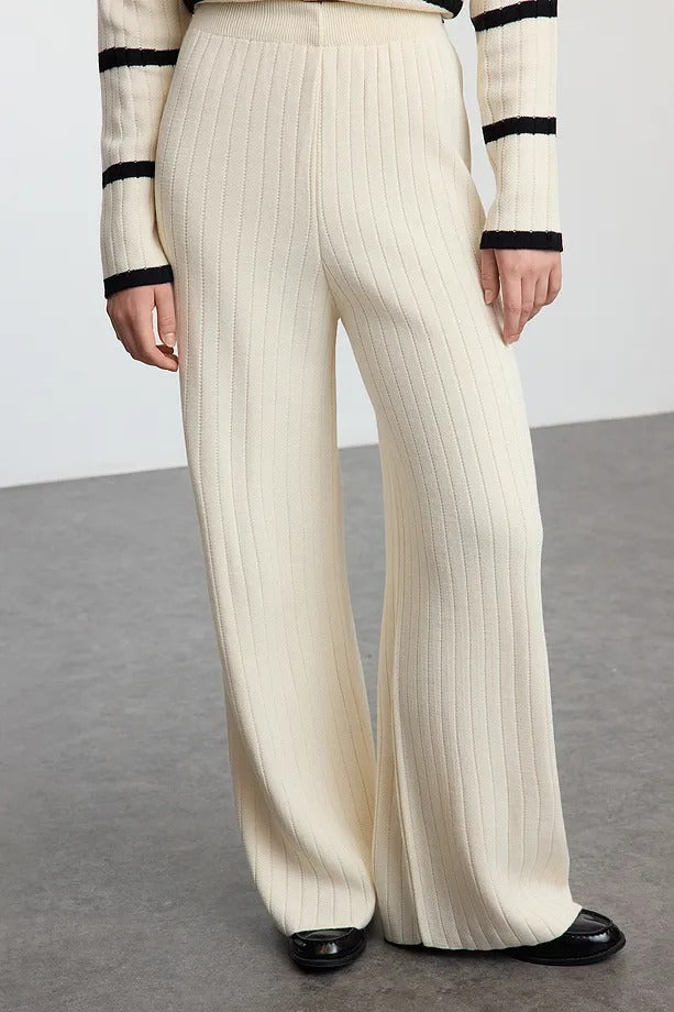 Cream Striped Ribbed Knit Two-Piece Set
