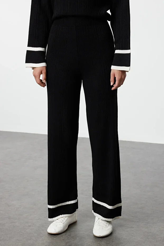 Black Piped Knit Sweater & Pants Set