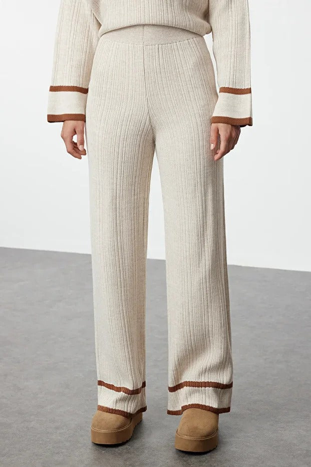 Stone Brown Piped Knit Sweater & Pants Set