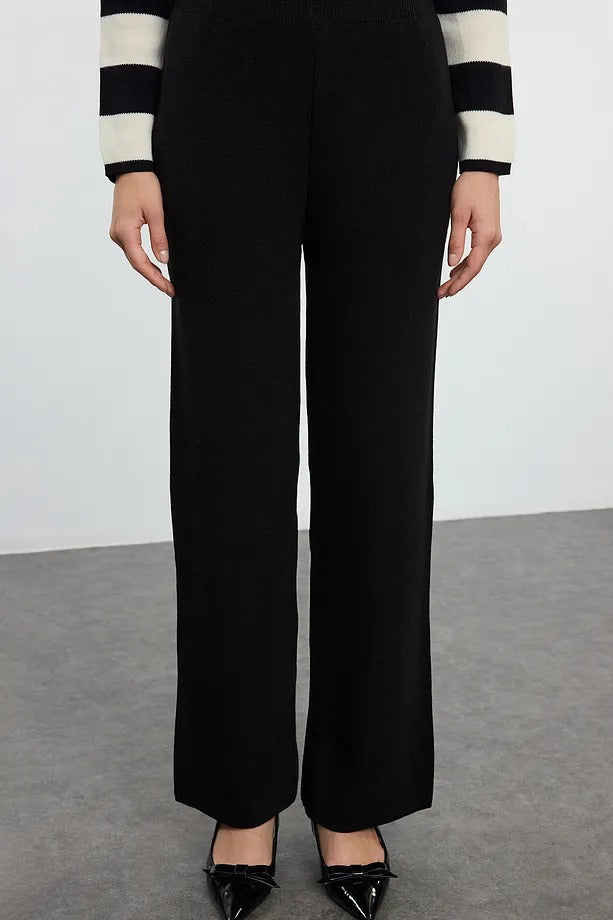 Black Striped Knit Cardigan & Pants Two-Piece Set
