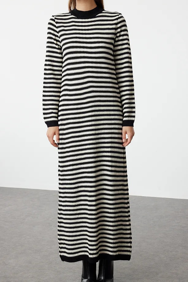 Black & White Striped Long Knit Dress