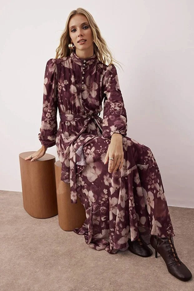 Mauve Floral Shiny Button-Detail Woven Chiffon Dress