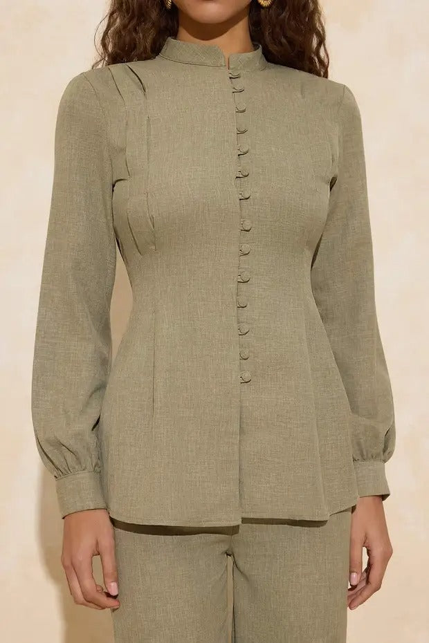Sage Green Linen-Look Mandarin Blouse & Wide-Leg Trouser Co-ord Set