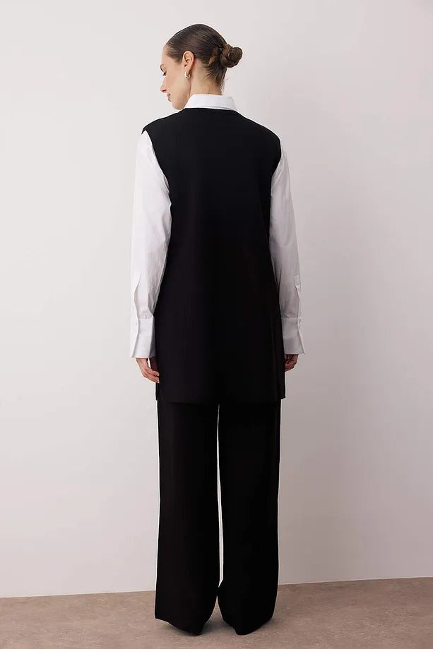 Black Button-Detail Knit Modest Vest Set