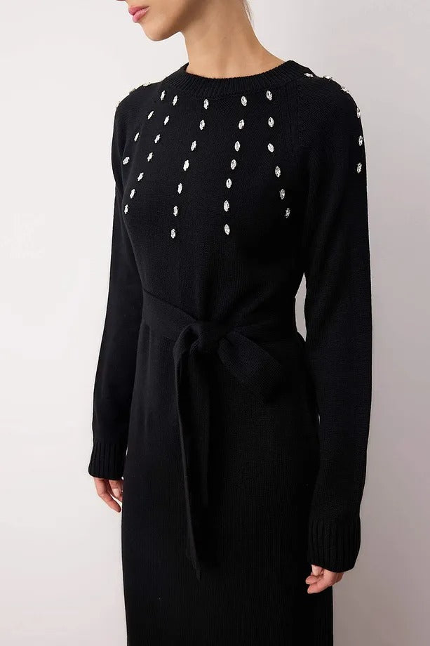 Black Stone-Detail Knit Dress