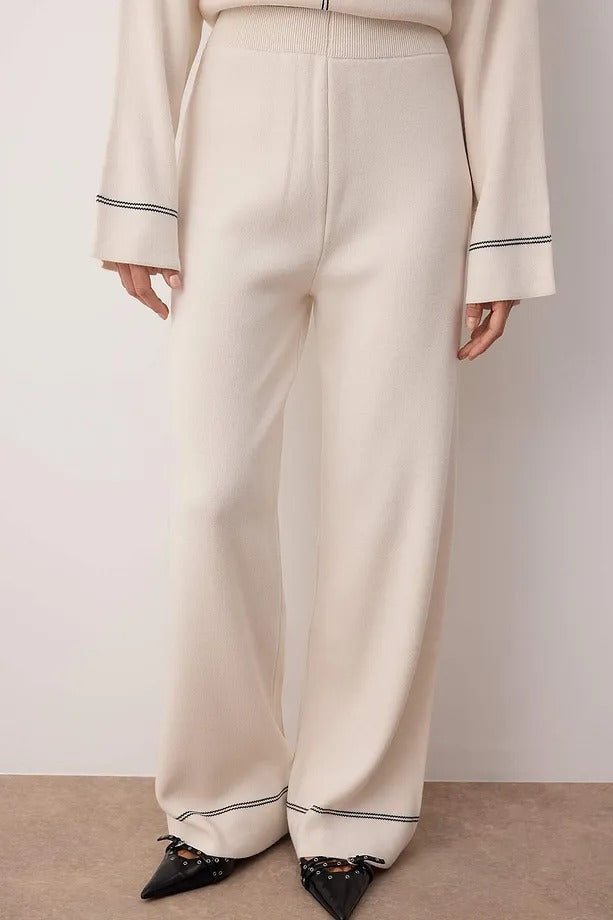 Ecru Knit Top & Pants Set with Stitch Details