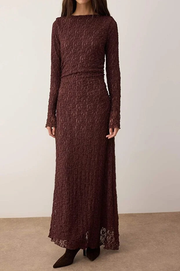 Brown Lined Lace Knit Evening Dress