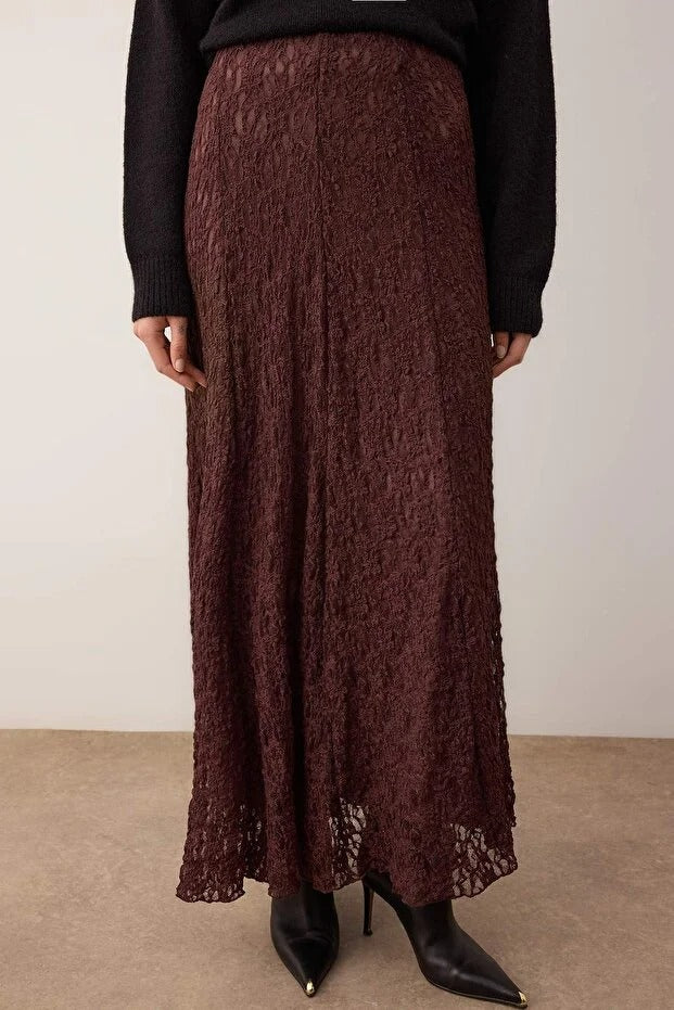 Brown Lined Lace Fabric Maxi Skirt