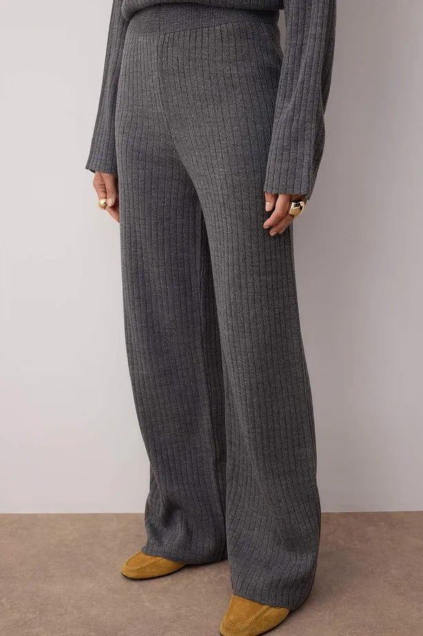 Anthracite Gold-Button Knit Top & Pants Two-Piece Set