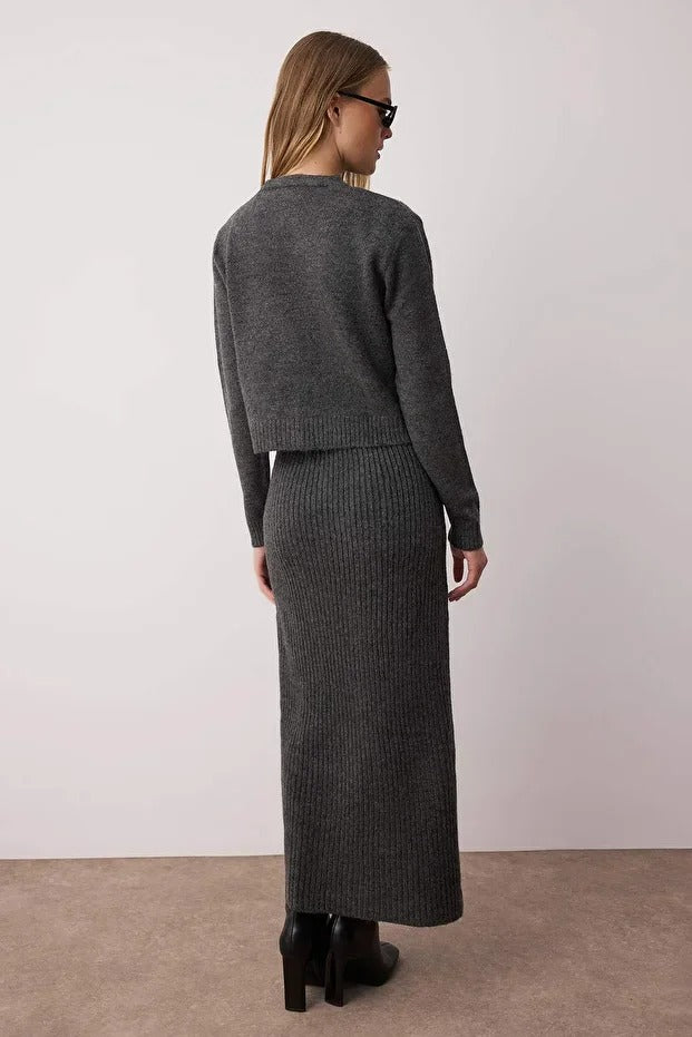 Anthracite Ribbed Soft-Knit Dress & Cardigan Set