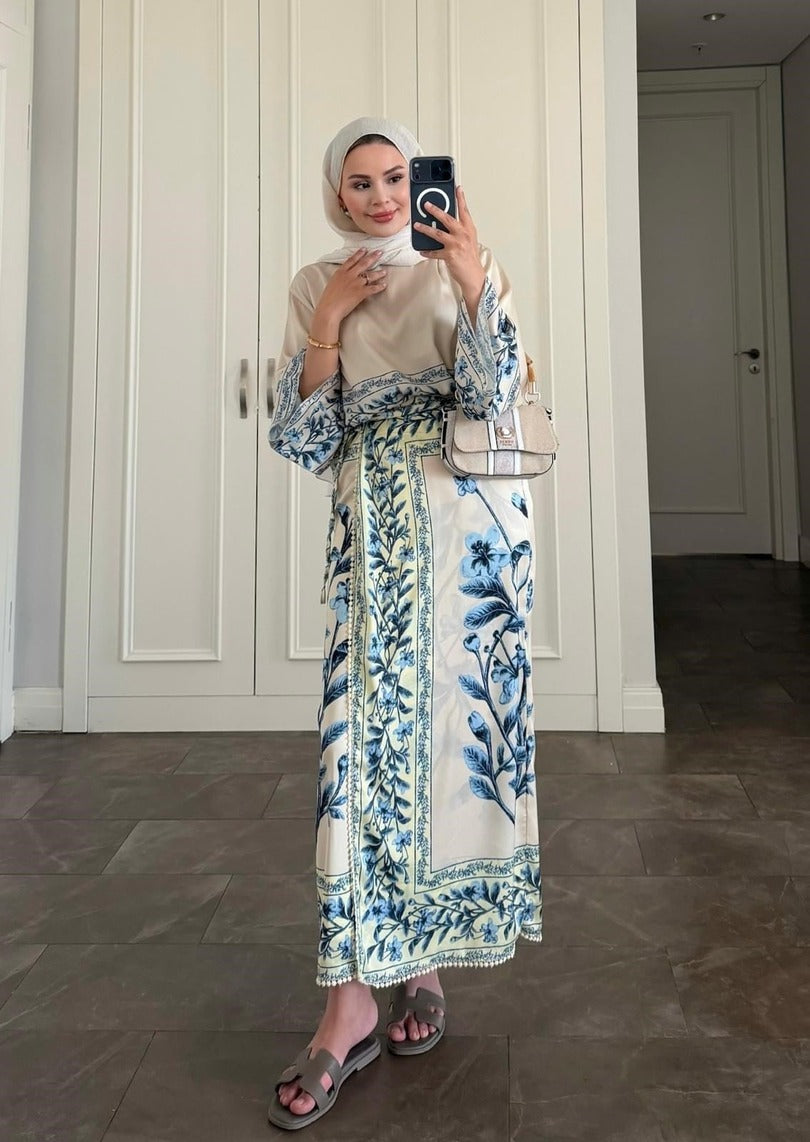 Blue Botanical Scarf Print Modest Satin Skirt Co-Ord Set