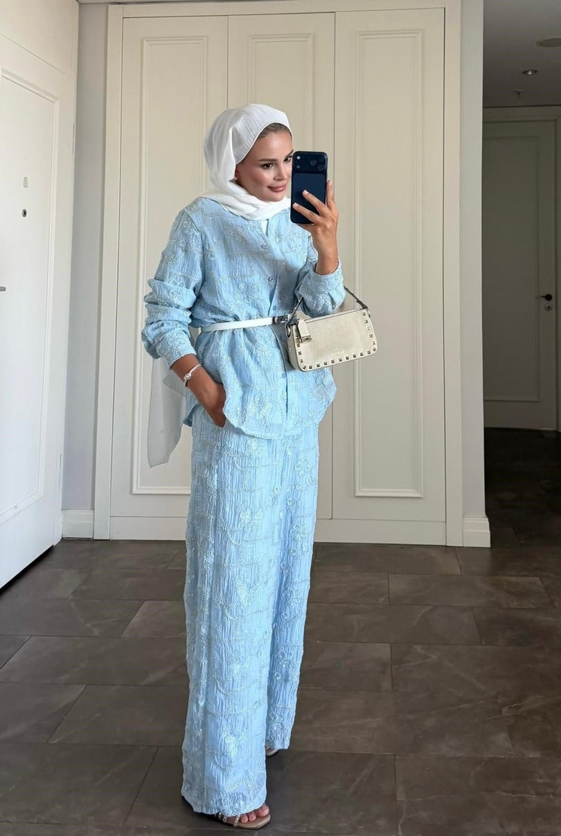 Lilly Modest Trousers Matching Set | Premium Tunic Co-Ord Suit - Blue