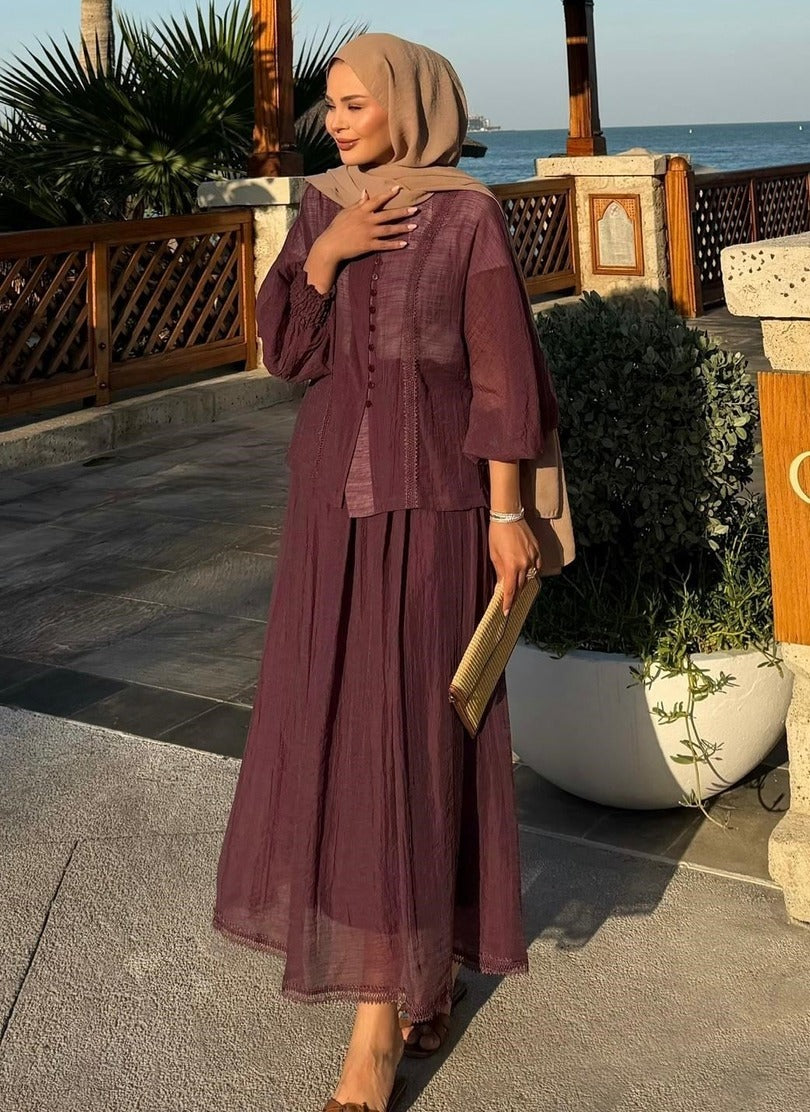 Düğmeli, Dantel Detaylı Bluz ve Maksi Etek Takım - Bordo