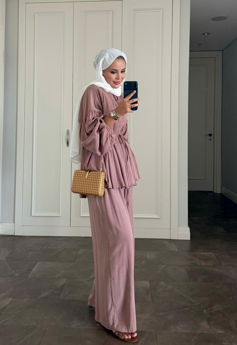 Rose Modest Pant Set - Lined Two Piece Crinkle Fabric Outfit