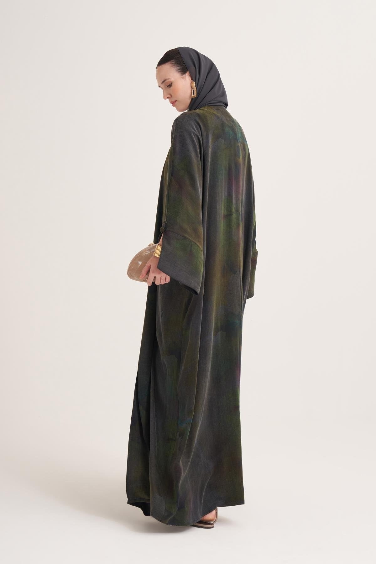 Cupro Modal Open Abaya with Iridescent Green Print & Matching Scarf