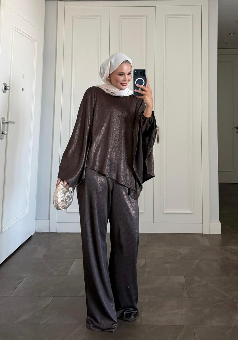 Diamond Brown Shimmer Asymmetric Trousers Set |Brown