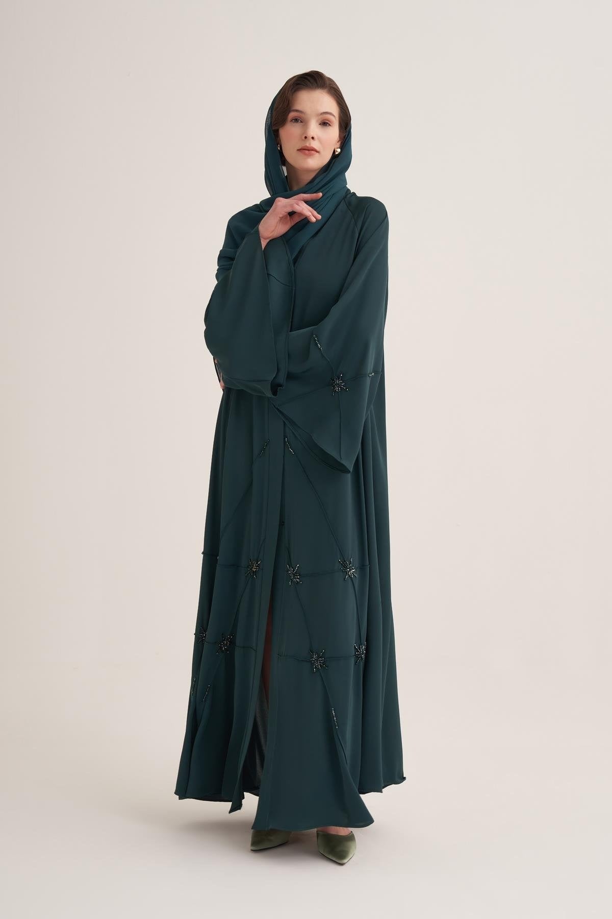 Classic Stone Embellished Green Abaya with Matching Scarf