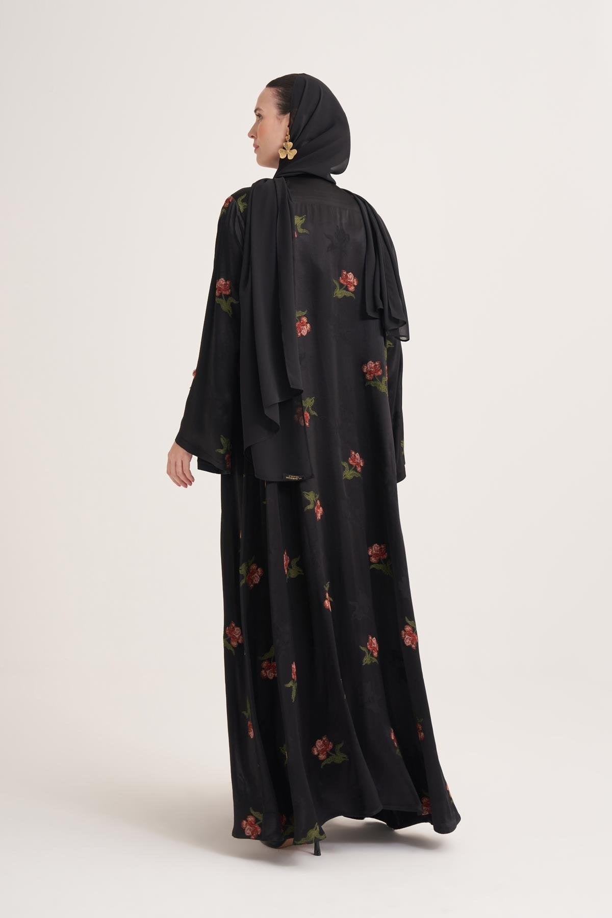 Black Hand-Embroidered Satin Viscose Floral Open Abaya with Crystal Details & Matching Scarf