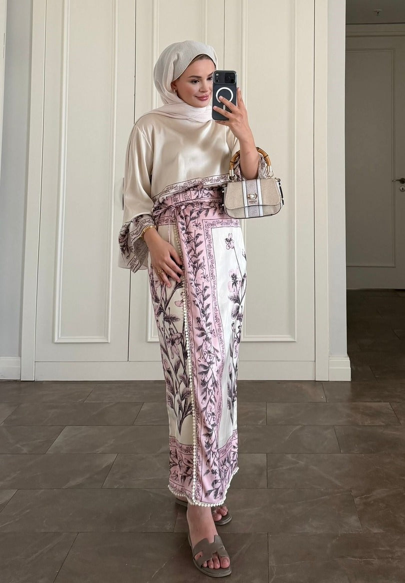 Pink Botanical Scarf Print Modest Satin Skirt Co-Ord Set